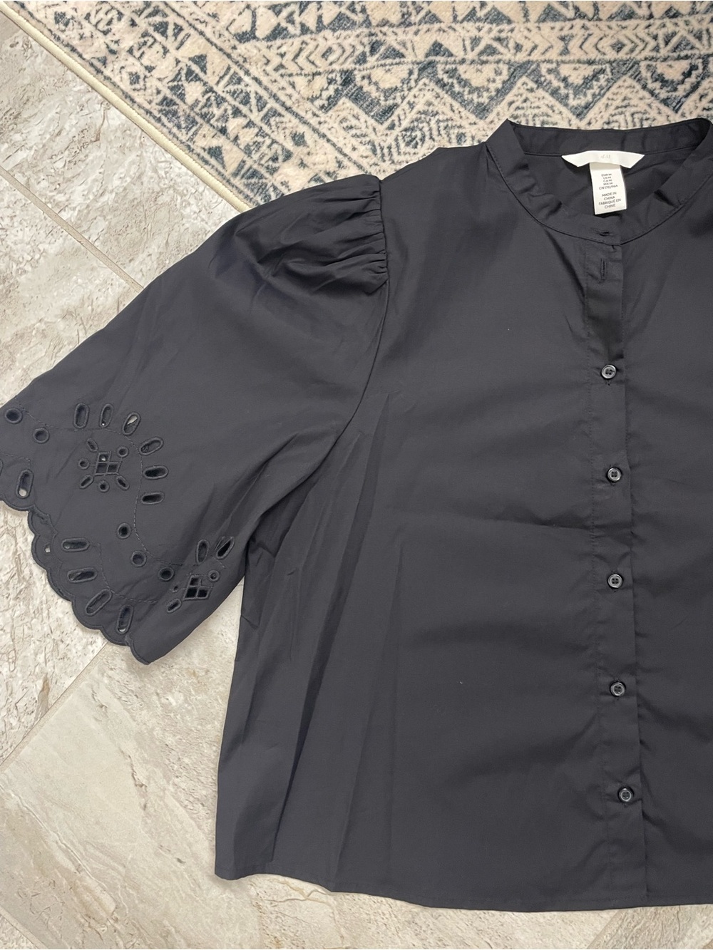Black Eyelet belle Sleeve Button-Front Women's Top
